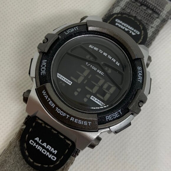 Men digital watch 43mm alarm chrono gray 100MWR silver tone nylon band running - Picture 2 of 7